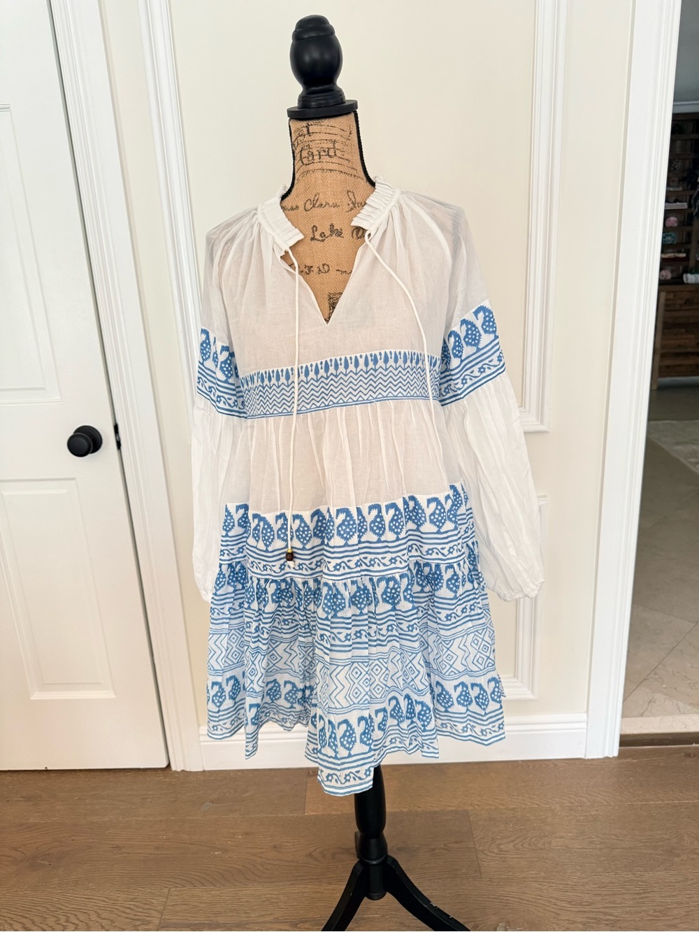 Oliphant White and Blue Embroidered Mini Dress